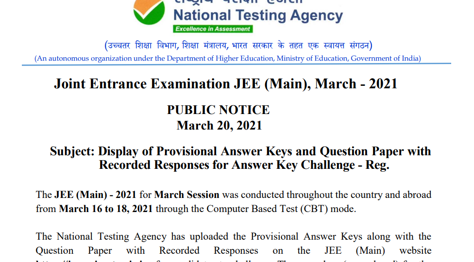 jee main 2021 march attempt answer key